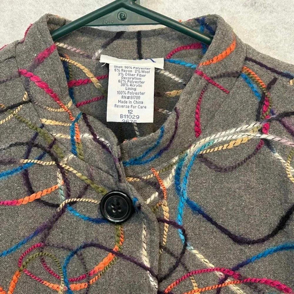Blair Blazer Gray Good Embroidered Swirl Button Front Women‎ Size 12